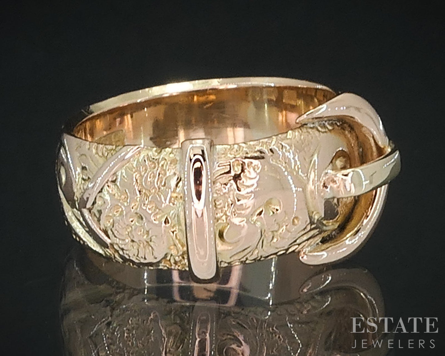 Antique Edwardian 9k Yellow Gold Engraved Buckle Ladies Band 6.3g i18408