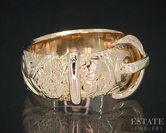 Antique Edwardian 9k Yellow Gold Engraved Buckle Ladies Band 6.3g i18408