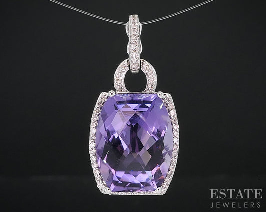 18k White Gold Cushion Natural Amethyst & Diamond Enhancer Pendant 5.7g i17615