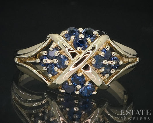 14k Yellow Gold Natural Blue Sapphire Cluster Ladies Ring 3.7g i18424b