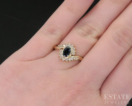 14k Yellow Gold Natural Blue Sapphire & Diamond Bypass Ladies Ring 3.5g i18438b