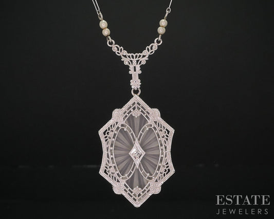 Antique 14k White Gold Rock Crystal Quartz Diamond Filigree Necklace 6g i18465