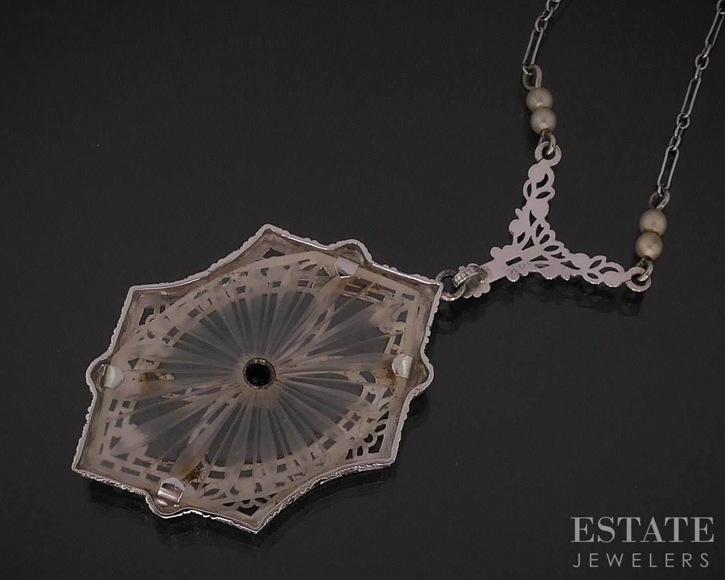 Antique 14k White Gold Rock Crystal Quartz Diamond Filigree Necklace 6g i18465