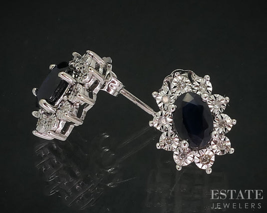 10k White Gold Natural Diamond & Blue Sapphire Halo Stud Earrings 1.9g i18463