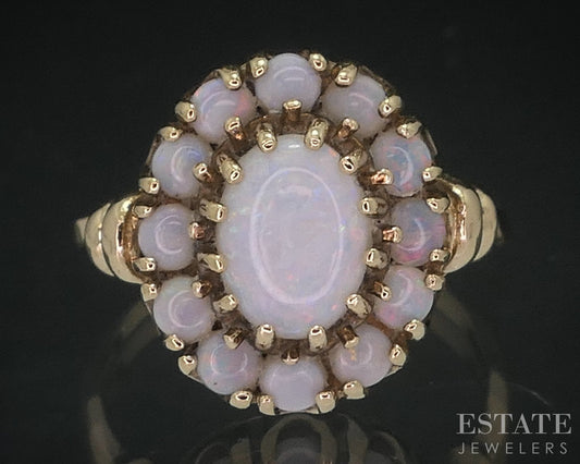 Vintage 10k Yellow Gold Natural Opal Halo Ladies Ring 2.8g i18462