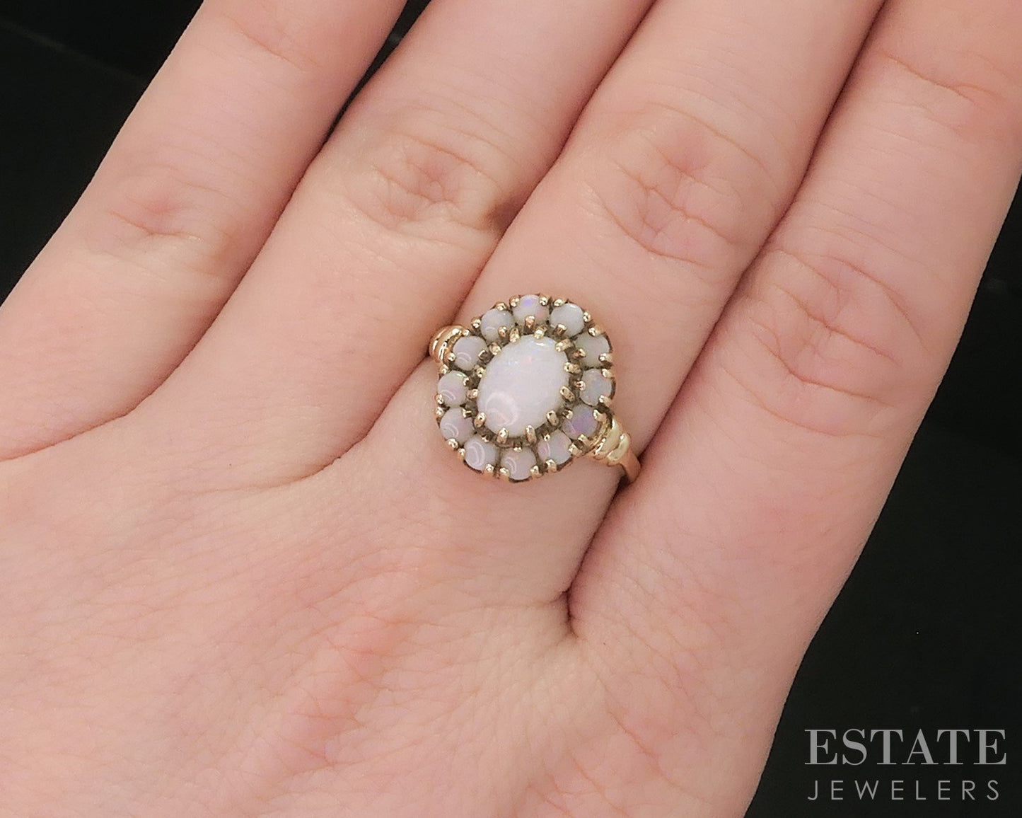 Vintage 10k Yellow Gold Natural Opal Halo Ladies Ring 2.8g i18462