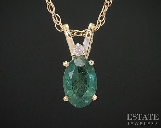 14k Yellow Gold Natural Emerald & Diamond Ladies Necklace 0.9g 18"L i18458
