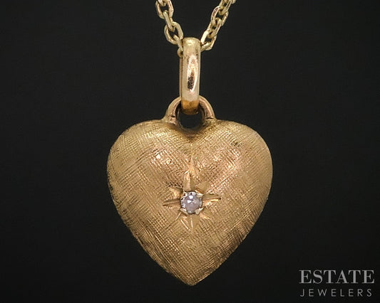 Vintage 14k Yellow Gold Natural Diamond Puffy Heart Necklace 2.4g 18"L i18453
