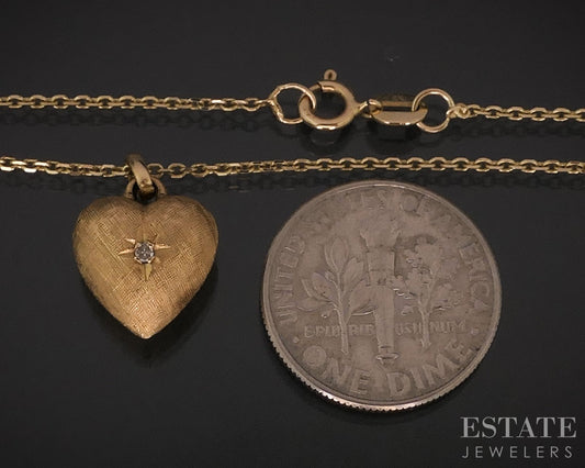 Vintage 14k Yellow Gold Natural Diamond Puffy Heart Necklace 2.4g 18"L i18453