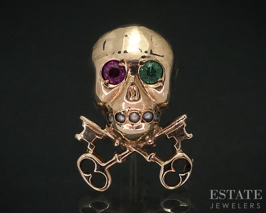 Antique 9k Yellow Gold Skull & Skeleton Key Cross Pin Brooch 3g i18452
