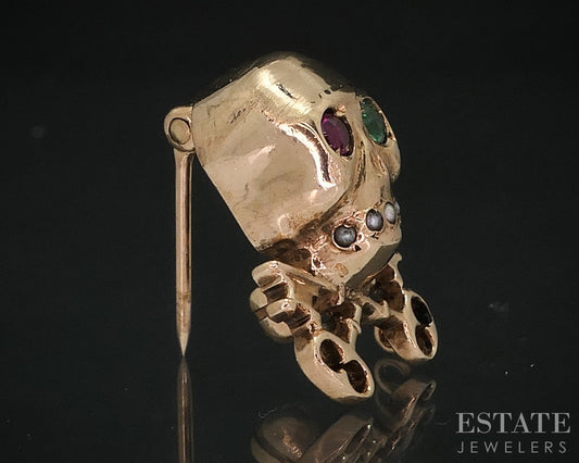 Antique 9k Yellow Gold Skull & Skeleton Key Cross Pin Brooch 3g i18452