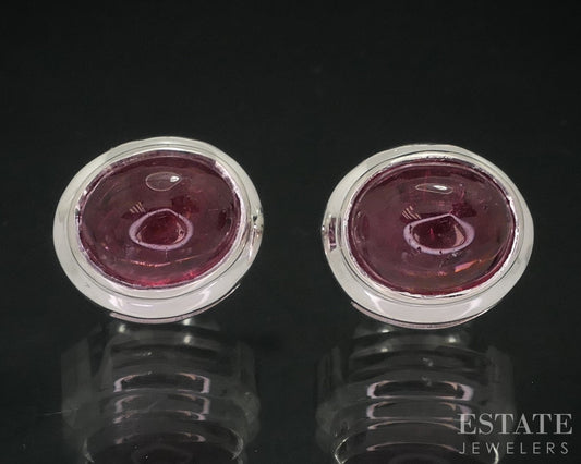 14k White Gold Cabochon Natural Pink Tourmaline Button Stud Earrings 9.4g i18444