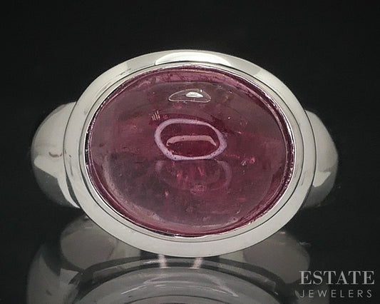 14k White Gold Cabochon Oval Natural Pink Tourmaline Ladies Ring 8.5g i18443