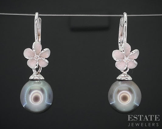 14k White Gold 8.7mm Tahitian Pearl & Diamond Plumeria Flower Earrings 3g i18475