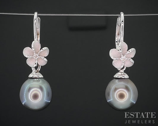 14k White Gold 8.7mm Tahitian Pearl & Diamond Plumeria Flower Earrings 3g p77215