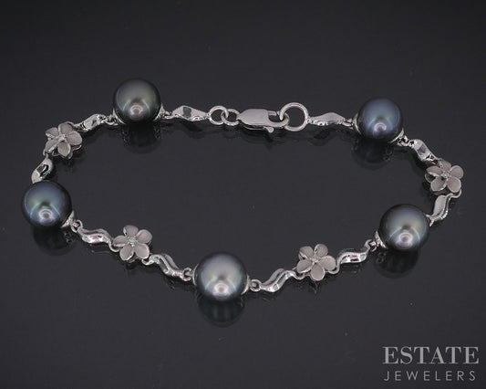 14k White Gold Tahitian Pearl & Diamond Denny Wong Flower Bracelet 10g i18488