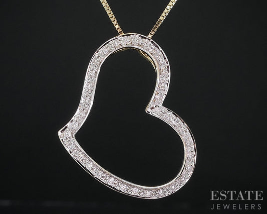 14k Yellow Gold Round Natural .15ctw Diamond Open Heart Necklace 2.6g i18478