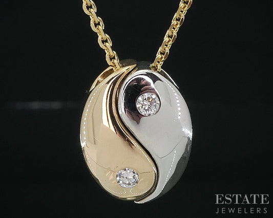 18k & 14k Two Tone Gold Round Natural Diamond Ying Yang Necklace 6.9g i18487