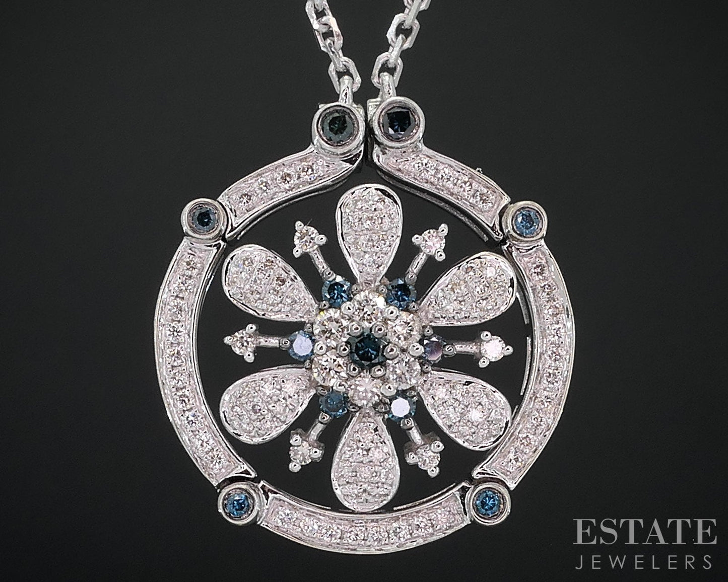 14k White Gold Natural Blue & White Diamond Flower Convertible Necklace i18486