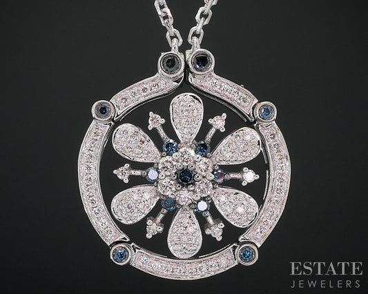 14k White Gold Natural Blue & White Diamond Flower Convertible Necklace i18486