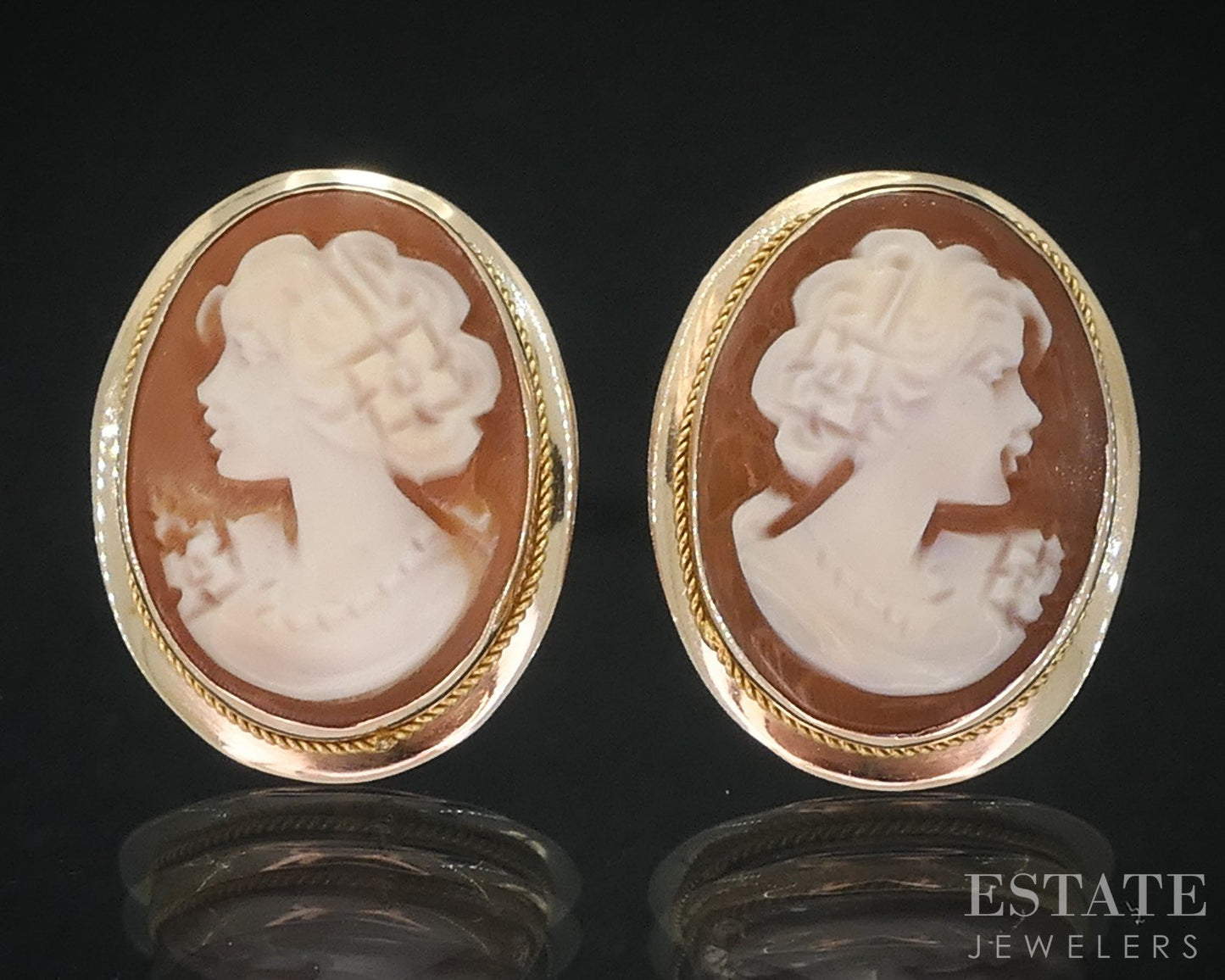 Vintage 14k Yellow Gold Natural Cameo Stud Ladies Earrings 3.3g i18481