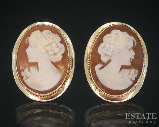 Vintage 14k Yellow Gold Natural Cameo Stud Ladies Earrings 3.3g i18481