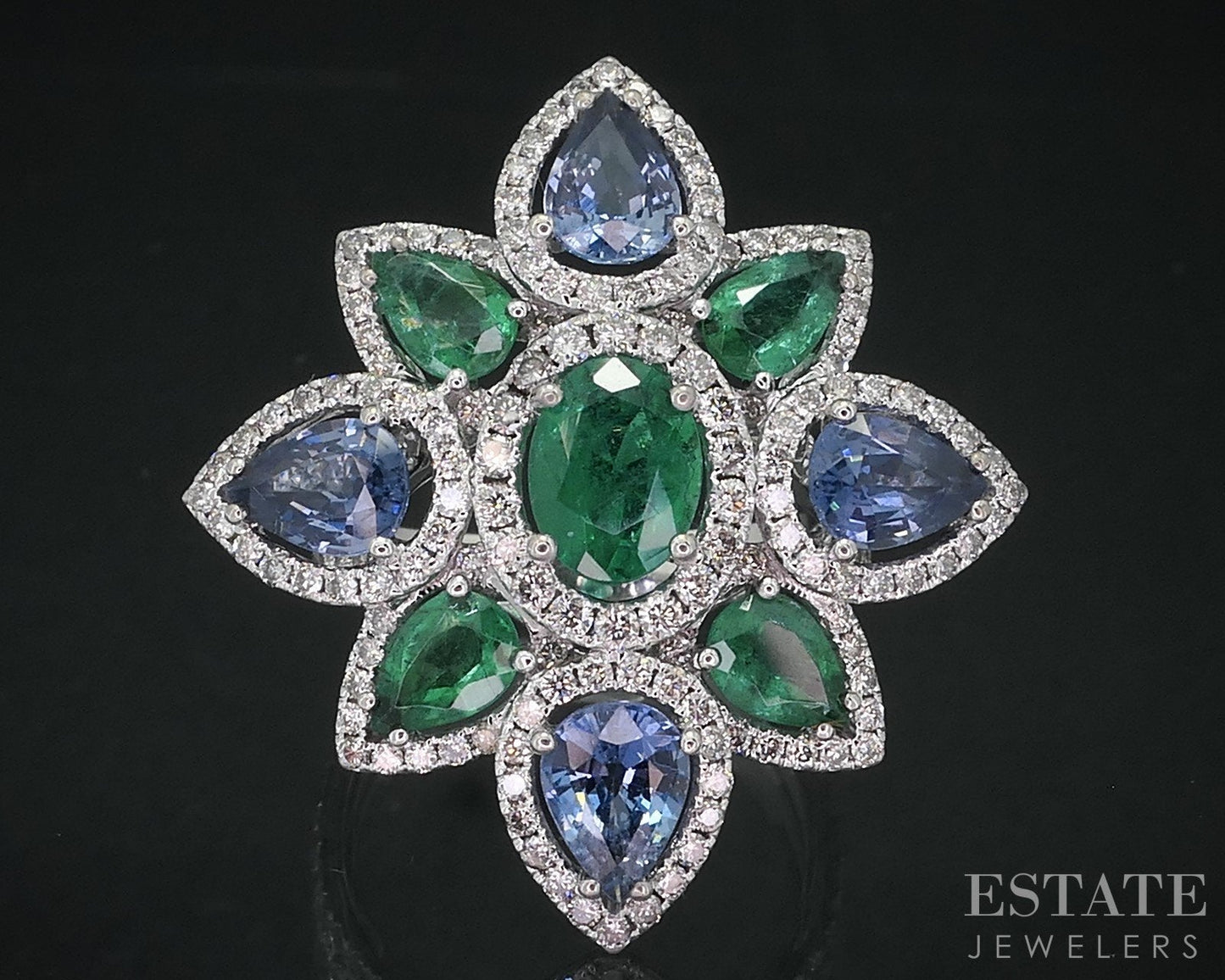 18k White Gold Natural Multi Gem & Diamond Flower Cocktail Ring 10.9g i18484