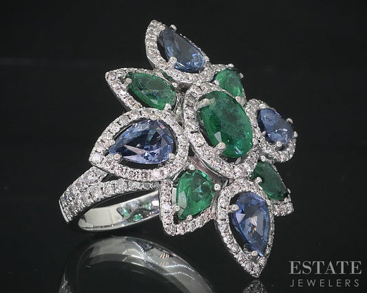 18k White Gold Natural Multi Gem & Diamond Flower Cocktail Ring 10.9g i18484