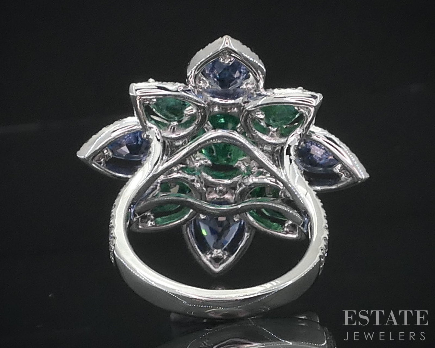 18k White Gold Natural Multi Gem & Diamond Flower Cocktail Ring 10.9g i18484