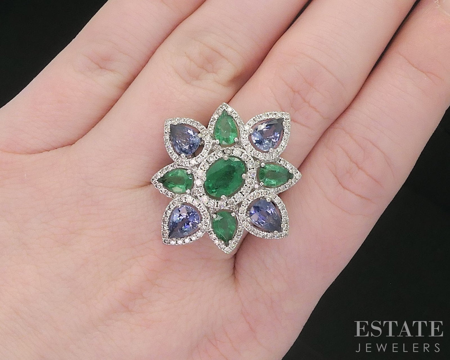 18k White Gold Natural Multi Gem & Diamond Flower Cocktail Ring 10.9g i18484