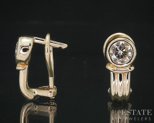 14k Yellow Gold Round Natural .80ctw Diamond Omega Back Earrings 4.6g i18482