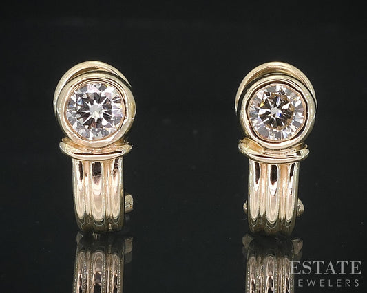14k Yellow Gold Round Natural .80ctw Diamond Omega Back Earrings 4.6g i18482