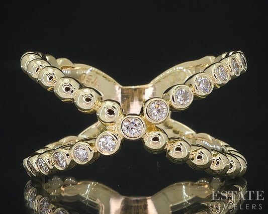 18k Yellow Gold Lagos Caviar Natural .33ctw Diamond X Band Ring 6.3g i18467