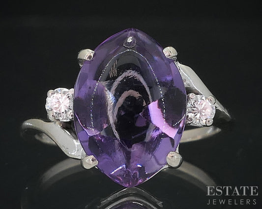 14k White Gold EFFY Cabochon Natural Amethyst & Diamond Ring 3.2g i18508