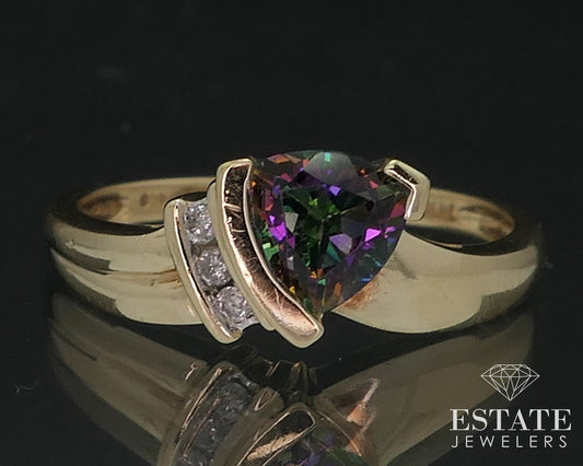 14k Yellow Gold Natural Mystic Topaz & Diamond Ladies Ring 2.4g p77336b