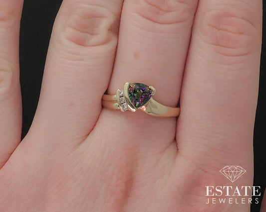 14k Yellow Gold Natural Mystic Topaz & Diamond Ladies Ring 2.4g p77336b