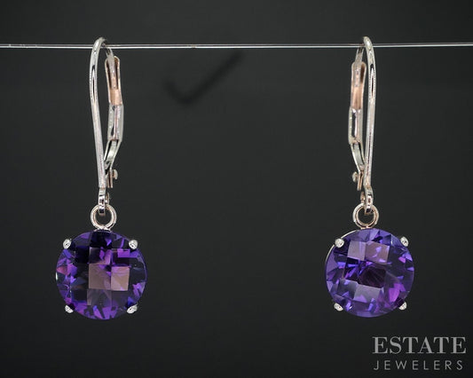10k White Gold Round Natural Amethyst Lever Back Dangle Earrings 1.9g i18507b