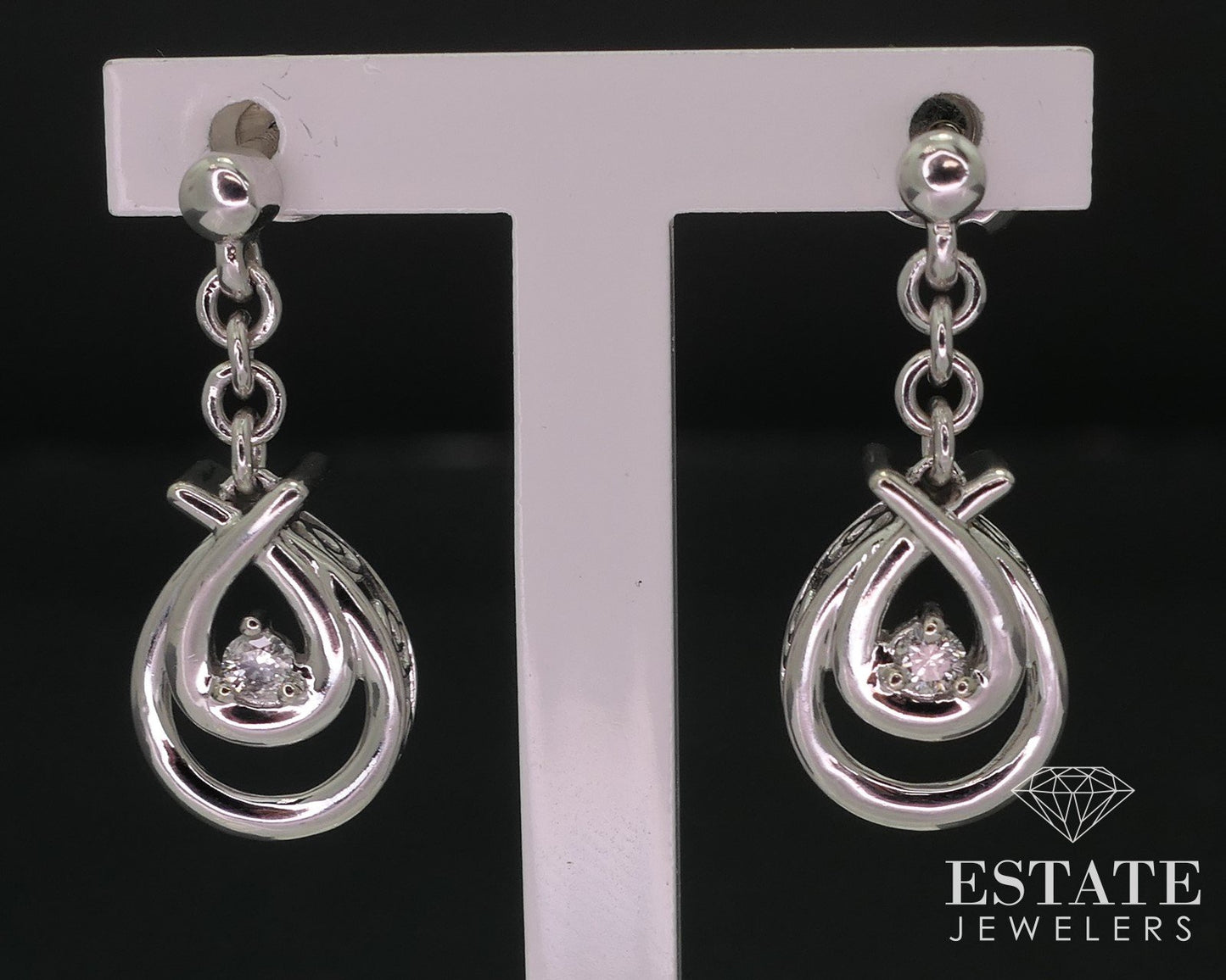 10k White Gold Natural .08ctw Diamond Tear Drop Dangle Earrings 3.1g i18506b