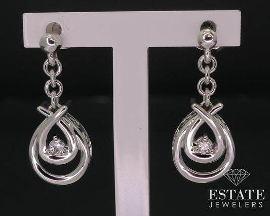 10k White Gold Natural .08ctw Diamond Tear Drop Dangle Earrings 3.1g i18506b