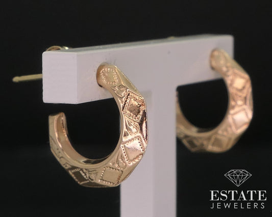 Vintage 14k Yellow Gold Engraved Hoop Ladies Earrings i18505b