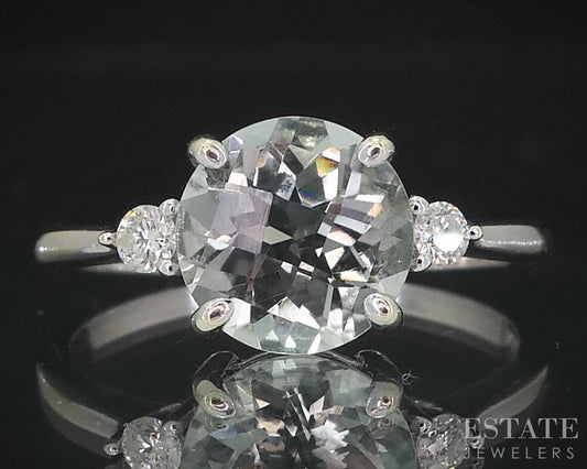 14k White Gold Round Natural Green Amethyst & Diamond Ladies Ring 2.5g i18520b