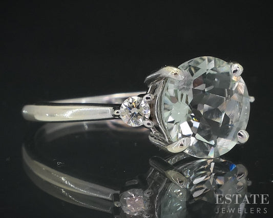 14k White Gold Round Natural Green Amethyst & Diamond Ladies Ring 2.5g i18520b
