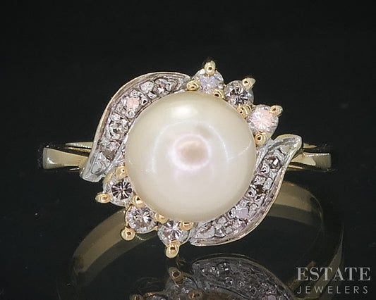 Vintage 14k Yellow Gold 8mm Cultured Pearl & Diamond Ladies Ring 3.7g i18519b