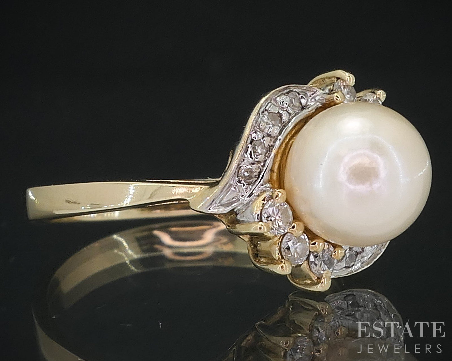 Vintage 14k Yellow Gold 8mm Cultured Pearl & Diamond Ladies Ring 3.7g i18519b