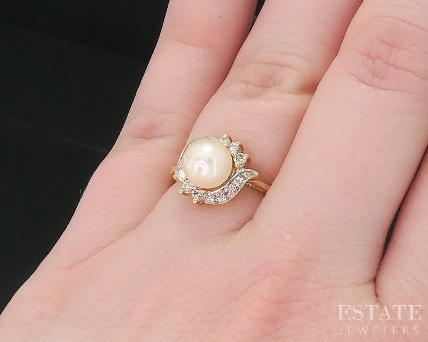 Vintage 14k Yellow Gold 8mm Cultured Pearl & Diamond Ladies Ring 3.7g i18519b