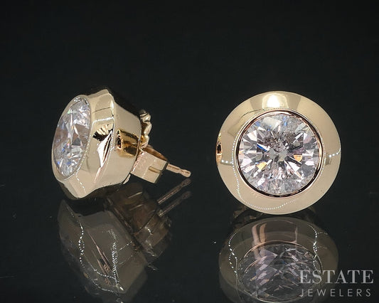 14k Yellow Gold Round Natural 3.70ctw Diamond Bezel Stud Earrings 7.3g i18560
