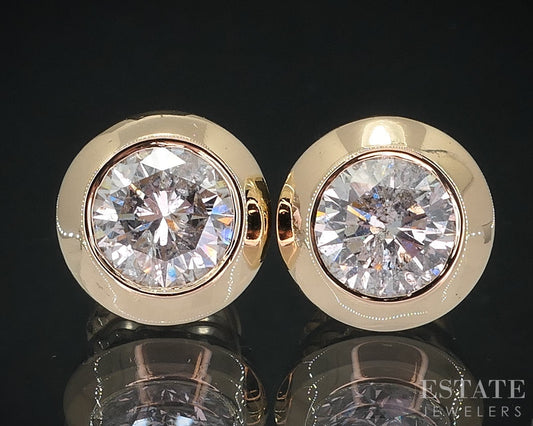 14k Yellow Gold Round Natural 3.70ctw Diamond Bezel Stud Earrings 7.3g i18560