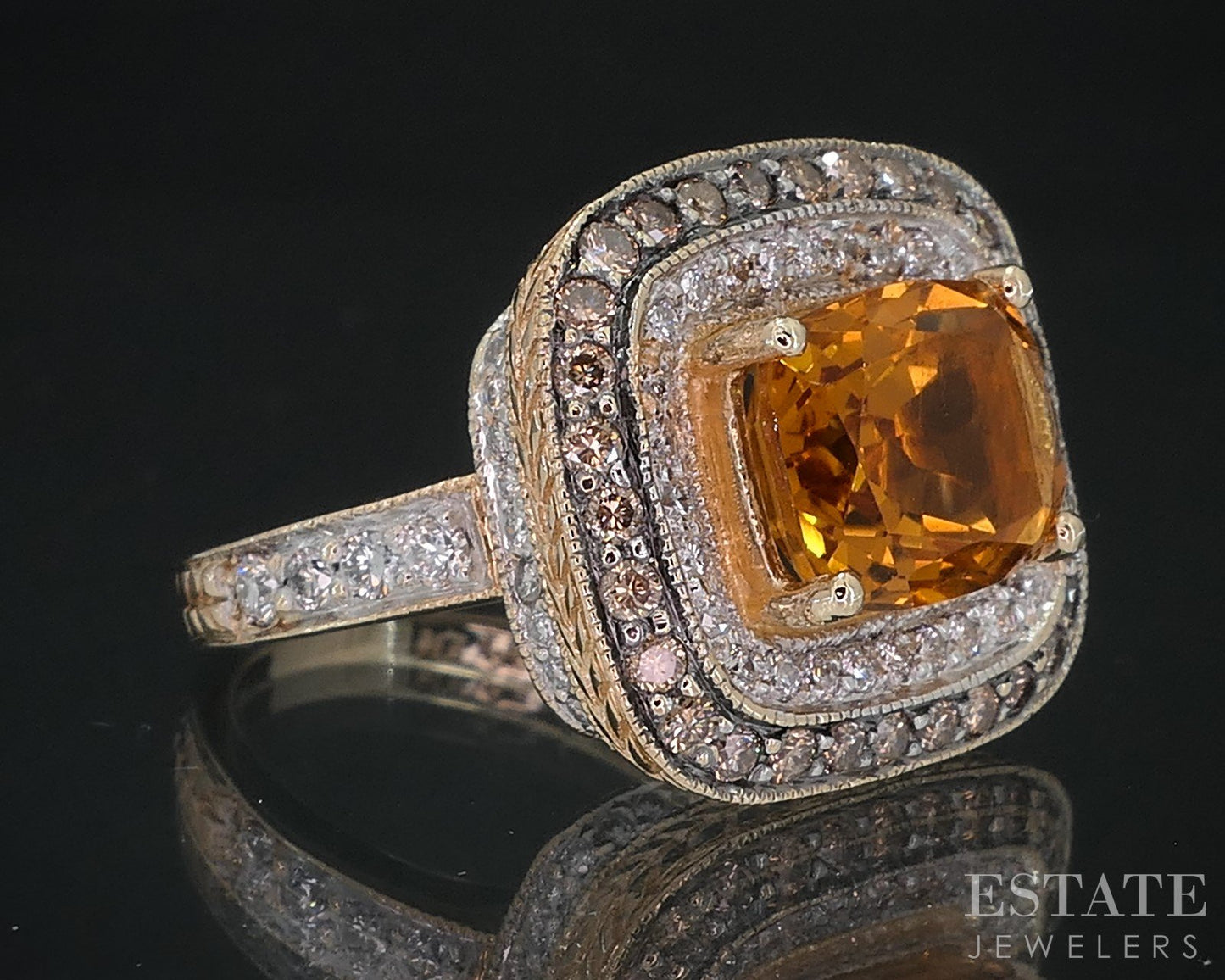 14k Honey Gold LeVian Cushion Natural Citrine & Diamond Ladies Ring 8.7g i18563