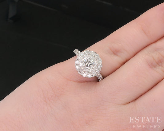 14k White Gold Round Natural 1.25ctw Diamond Halo Engagement Ring 3.9g i18562