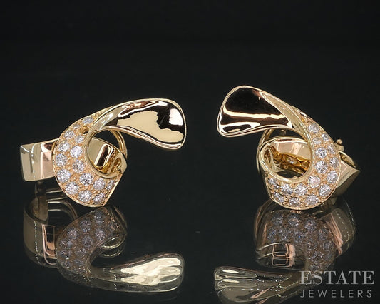18k Yellow Gold Natural .75ctw Diamond Omega Back Ribbon Earrings 10.9g i18555